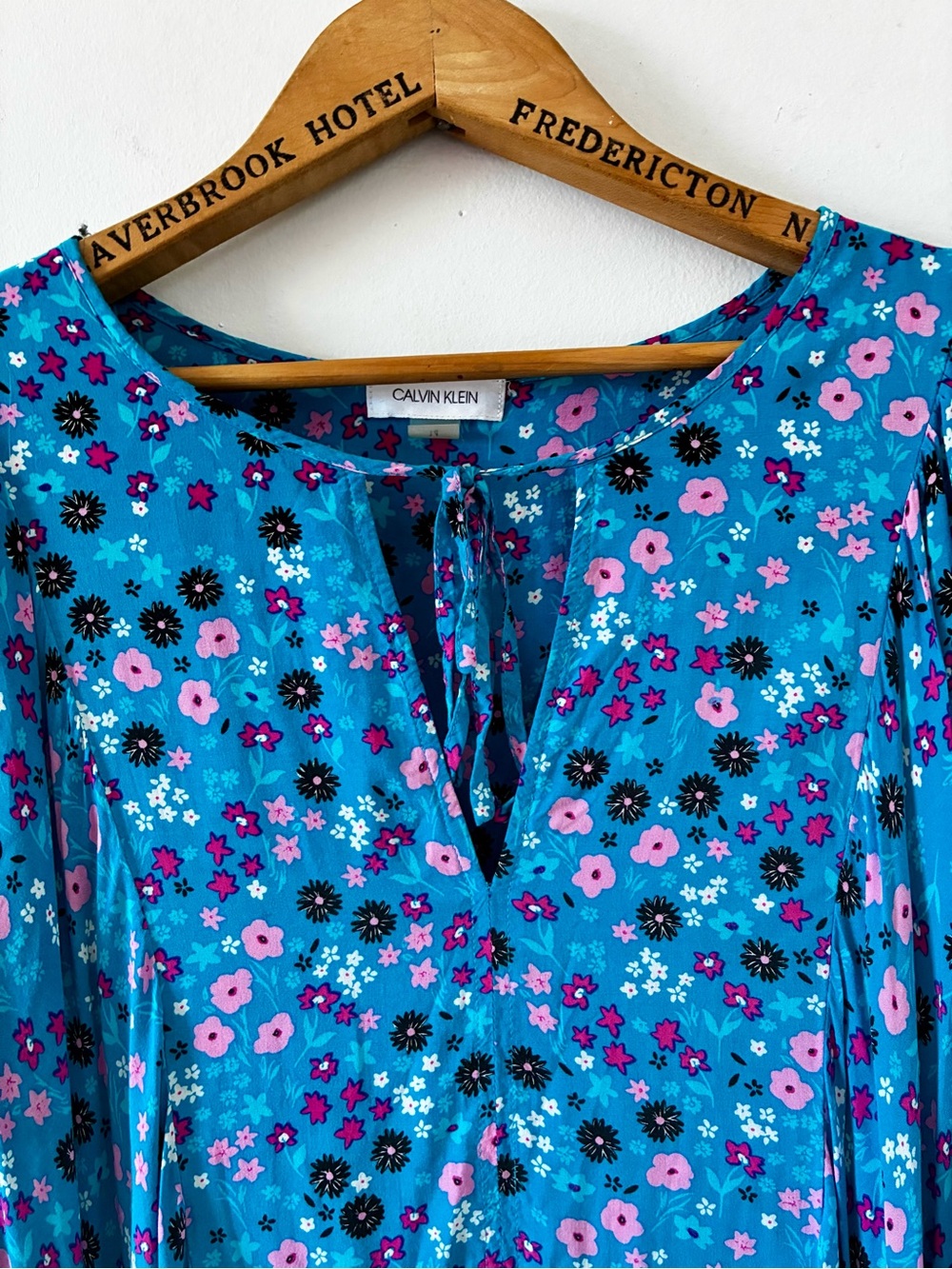 CALVIN KLEIN Teal Ditzy Floral Long-Sleeve Tiered Dress- Size 14 - Picture 4 of 13